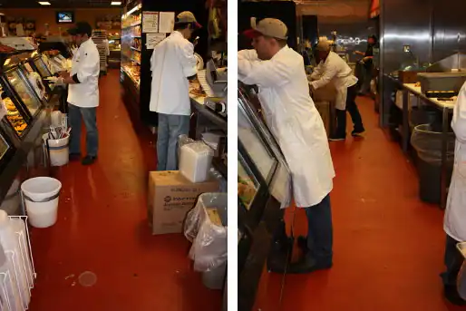 Store employees in white coats stand behind deli counters on red epoxy floors installed by a NY contractor.