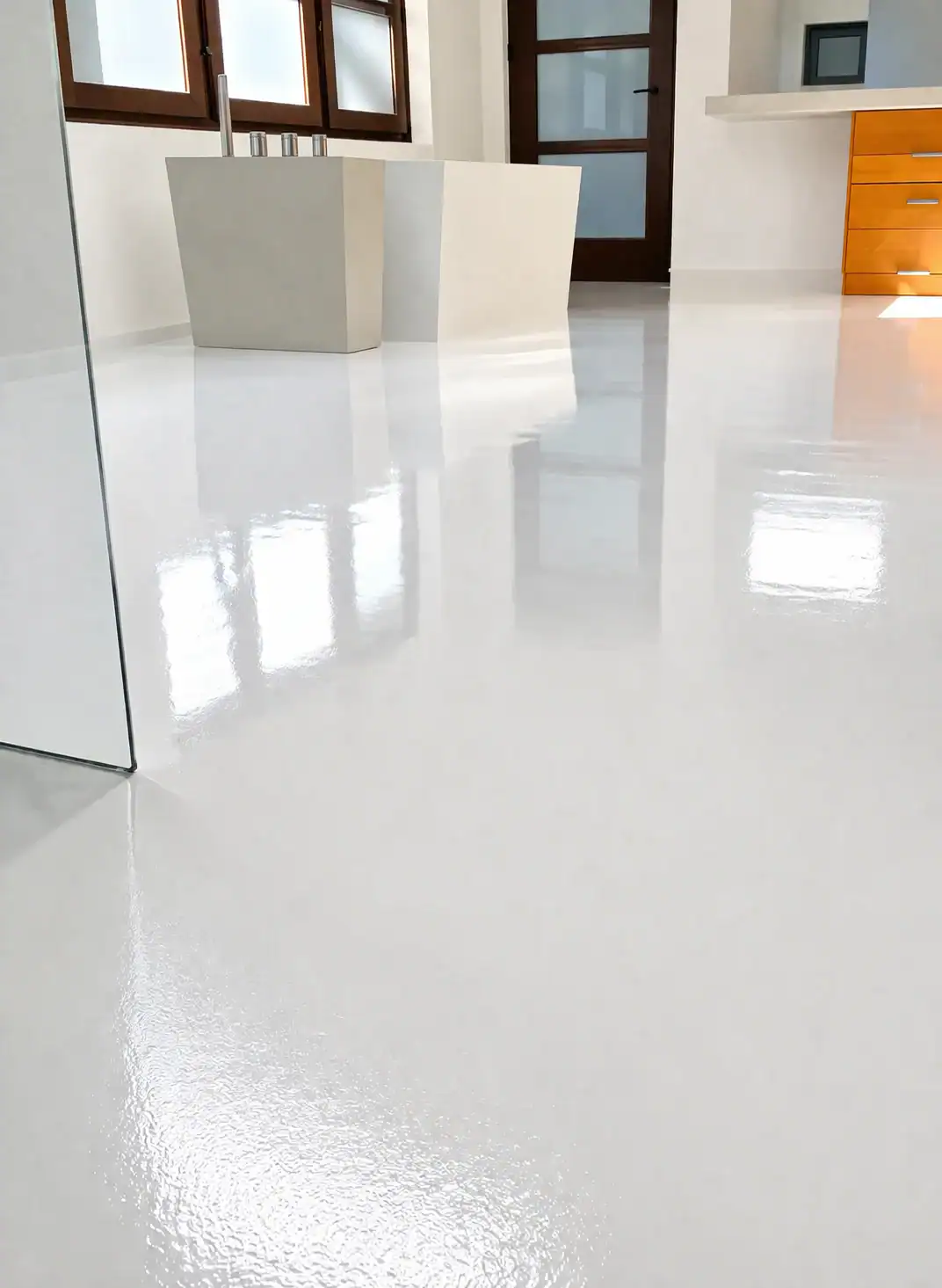 A glossy white epoxy floor by Epoxy Flooring Contractor Bohemia shines in a modern NY room.
